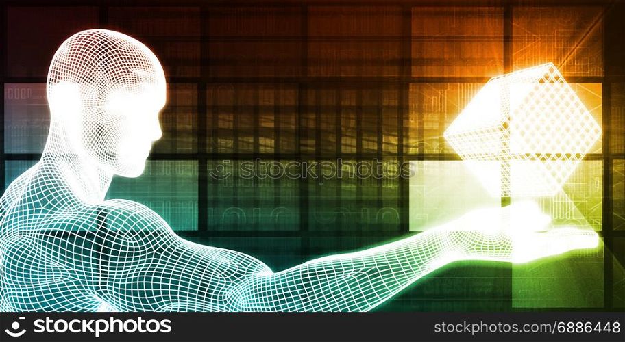 Abstract Technology Background with Man Holding Solution. Abstract Technology Background