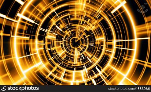 Abstract technology geometric tunnel. Futuristic digital gold color background