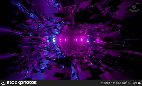Abstract three dimensional illustration of curvy fuzzy transparent waves flowing against glowing purple and blue lights on black background. Abstract fuzzy 3d illustration of transparent waves against purple lights