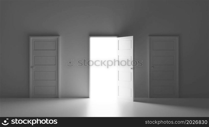 Abstract three doors with middle open to outside from a dark room with bright light outside modern minimal architectural interior for opportunity metaphor 3D rendering illustration