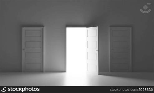 Abstract three doors with middle open to outside from a dark room with bright light outside modern minimal architectural interior for opportunity metaphor 3D rendering illustration