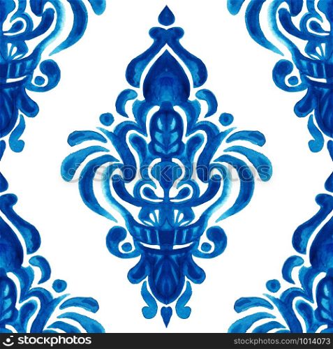 Abstract tile arabesque damask watercolor hand drawn seamless pattern for fabric and ceramic design. Blue and wite azulejo decorative element.. Abstract tile arabesque damask watercolor seamless pattern