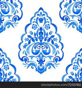 Abstract tile arabesque damask watercolor hand drawn seamless pattern for fabric and ceramic design. Blue and wite azulejo decorative element.. Abstract tile arabesque damask watercolor seamless pattern