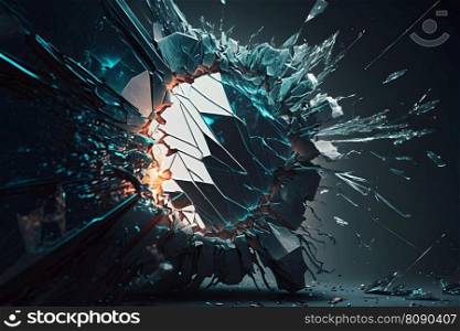 Abstract time freezing image with broken glass figure on dark background. Neural network AI generated art. Abstract time freezing image with broken glass figure on dark background. Neural network AI generated