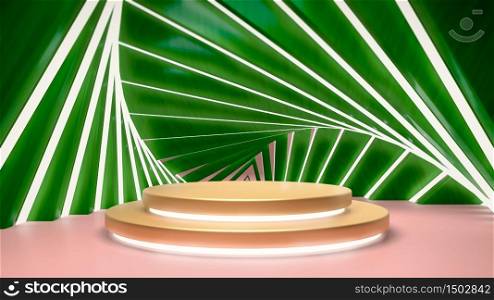 Abstract tropical background with golden stage, podium or pedestal over green abstract palm leaves. 3D render. Perfect image for placing your text or product on podium. Use for cosmetics, food, beverage, entertainment and fashion.. Abstract tropical background with golden stage, podium or pedestal over green abstract palm leaves. 3D illustration. Perfect image for placing your text or product on podium. Use for cosmetics, food, beverage, entertainment and fashion.