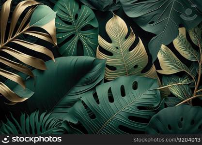 Abstract tropical palm leaf colorful background with gold and green colors. Generative AI. Abstract tropical palm leaf background. Generative AI