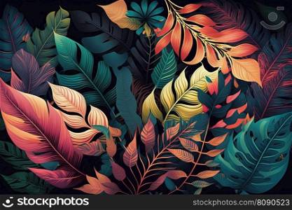 Abstract tropical palm leaf colorful background with neon colors. Generative AI. Abstract tropical palm leaf colorful background. Generative AI