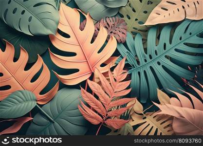 Abstract tropical palm leaf colorful background with pastel pale pink and green colors. Generative AI. Abstract tropical palm leaf colorful background. Generative AI