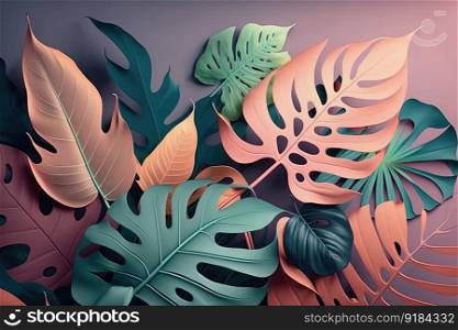 Abstract tropical palm leaf colorful background with pastel pale pink and green colors. Generative AI. Abstract tropical palm leaf colorful background. Generative AI