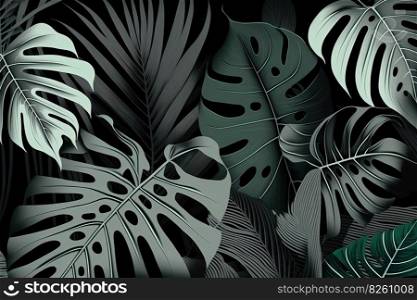 Abstract tropical palm leaf monochrome background with gold and green colors. Generative AI. Abstract tropical palm leaf background. Generative AI