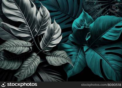 Abstract tropical palm leaf monochrome background with pale green colors. Generative AI. Abstract tropical palm leaf background. Generative AI