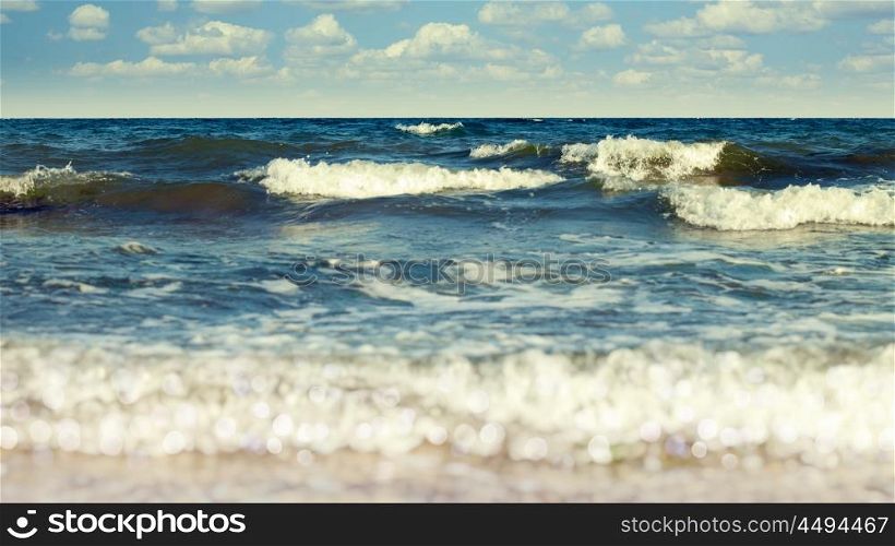 Abstract vacation backgrounds with coast line, sea waves and beauty bokeh