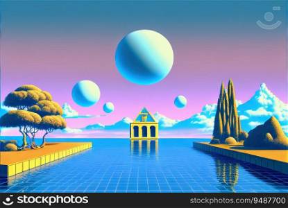 Abstract vaporwave scene with golden ball on the landscape with buildings. 80s styled pink and blue surreal architectural composition. Generated AI.