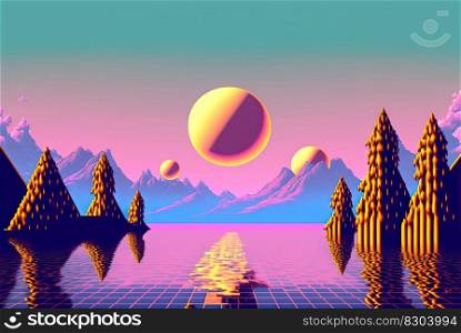 Abstract vaporwave scene with golden ball on the landscape with mountains. 80s styled pink and blue surreal composition. Generated AI. Abstract vaporwave scene with golden ball on the landscape with mountains. 80s styled pink and blue surreal composition. Generated AI.