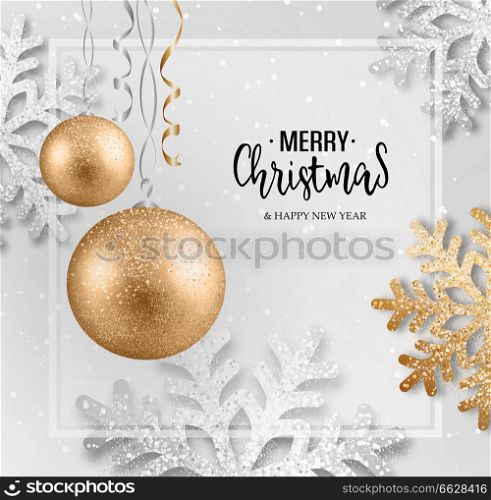 Abstract vector Christmas greeting card with silver snowflakes and event balls