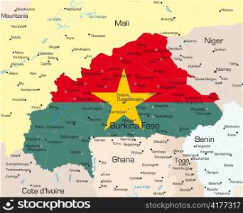 Abstract vector color map of Burkina Faso country colored by national flag