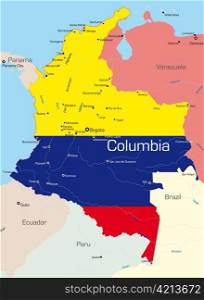 Abstract vector color map of Colombia country colored by national flag