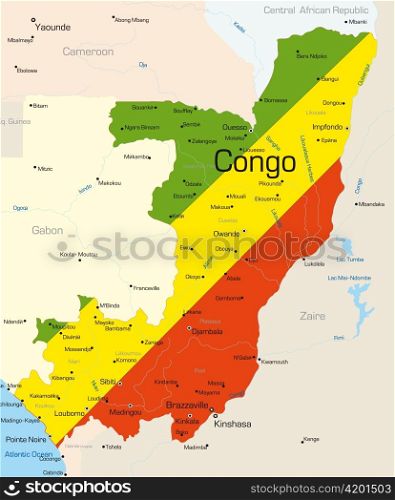 Abstract vector color map of Congo country colored by national flag