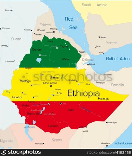 Abstract vector color map of Ethiopia country colored by national flag