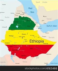 Abstract vector color map of Ethiopia country colored by national flag