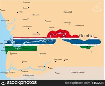 Abstract vector color map of Gambia country colored by national flag