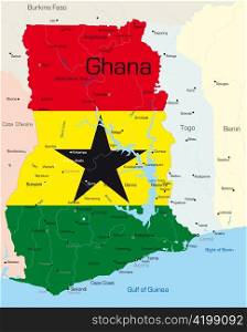 Abstract vector color map of Ghana country colored by national flag
