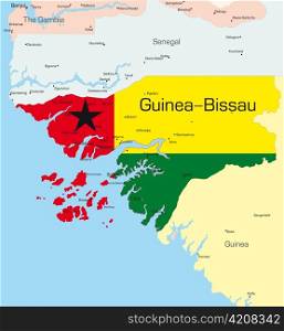 Abstract vector color map of Guinea-Bissau country colored by national flag