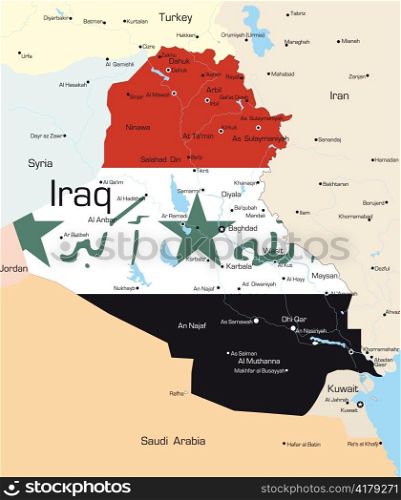 Abstract vector color map of Iraq country colored by national flag