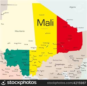 Abstract vector color map of Mali country colored by national flag