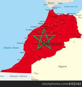 Abstract vector color map of Morocco country colored by national flag