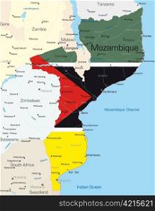 Abstract vector color map of Mozambique country colored by national flag