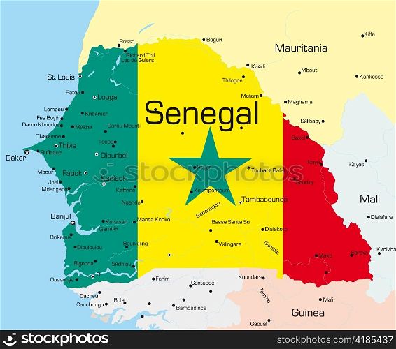 Abstract vector color map of Senegal country colored by national flag