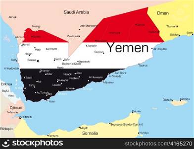 Abstract vector color map of Yemen country colored by national flag