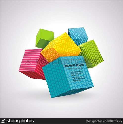 Abstract vector illustration of chaotic particles. Flying cubes colorful bright wave perspective swoosh line.