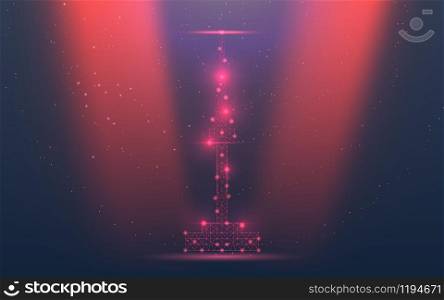 Abstract vector Illustration wireframe telecommunications signal transmitter. Korea radio antenna tower from lines and triangles, point connecting network. Red christmas background