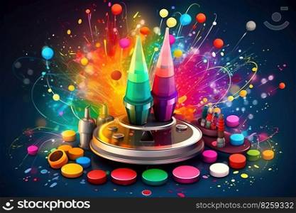 Abstract vector poster with colorful dj console, big speakers, fireworks, light bulbs, glitter, equalizer bars in background. Concept dance party. Generative AI