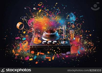 Abstract vector poster with colorful dj console, big speakers, fireworks, light bulbs, glitter, equalizer bars in background. Concept dance party. Generative AI