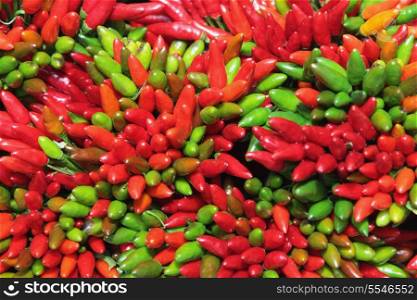 Abstract view of chilies on sale at the Rialto Market in Venice, Italy.