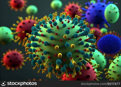 Abstract view of virus of indluenza or covid 19 novel coronavirus through microscope. Neural network AI generated art. Abstract view of virus of indluenza or covid 19 novel coronavirus through microscope. Neural network generated art