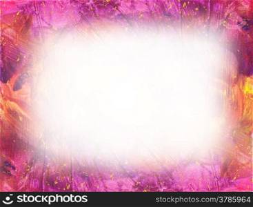 Abstract watercolor background in soft magenta with yellow paint splatters