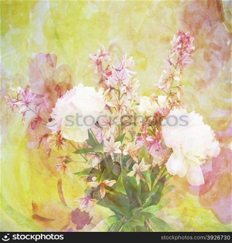 Abstract watercolor illustration of a bouquet of wild orchids and peonies, flower scenic background