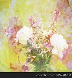 Abstract watercolor illustration of a bouquet of wild orchids and peonies, flower scenic background