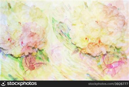 Abstract watercolor illustration with peonies, flower scenic background