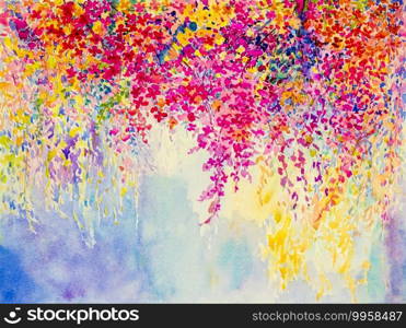 Abstract  watercolor original landscape painting  imagination colorful of beauty flowers and emotion in blue background.