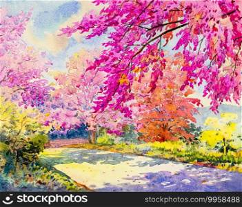 Abstract watercolor original landscape painting pink color of  Wild himalayan cherry and emotion in blue background.