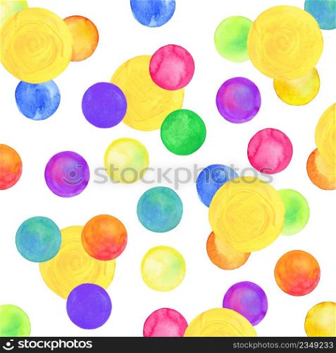 Abstract watercolor pattern with colorful circles. Chaotic watercolor pastel polka dots.. Watercolor simple polka dot pattern.