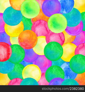 Abstract watercolor pattern with colorful circles. Chaotic watercolor pastel polka dots.