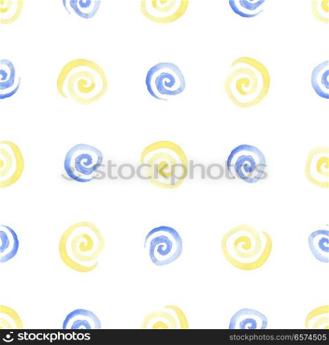 Abstract watercolor seamless pattern with yellow and blue spirals on a white background