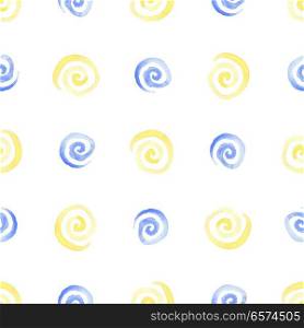 Abstract watercolor seamless pattern with yellow and blue spirals on a white background