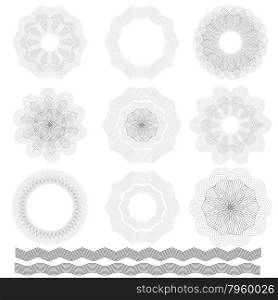 Abstract Wave Rosettes on White Background. Guilloche Elements. Guilloche Elements